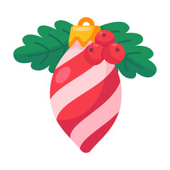Festive Striped Christmas Ornament with Holly Leaves and Berries