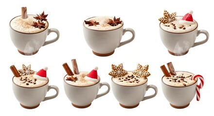 Decorated coffee cups on white background seasonal concept