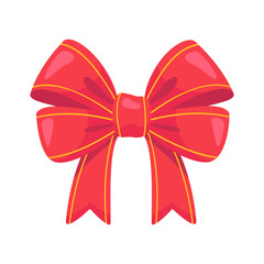 Festive Red Ribbon Bow with Golden Stripes on White Background