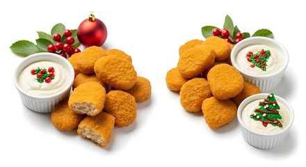 Golden chicken nuggets with holiday decorations isolated