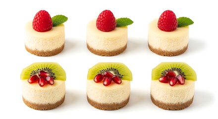 Mini cheesecakes with raspberry and kiwi fruit on white