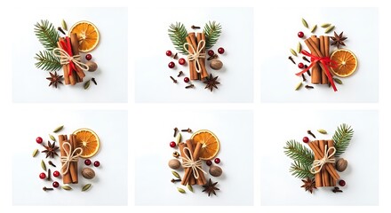 Cinnamon sticks orange slices and spices on white background