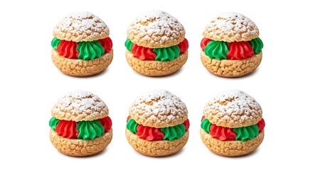 Decorated cream puffs on white background overhead view