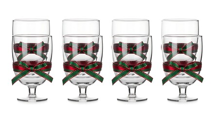 Festive glasses with red liquid and green ribbon bows on white
