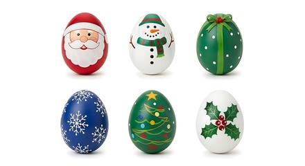 Decorated easter and christmas eggs on white background