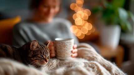 Cozy moment with beverage and feline at residence defocused home background comfort living scene domestic tranquility moment pet companionship visualization with copy space