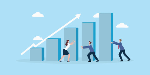 Teamwork pushing business growth upward on a bar chart