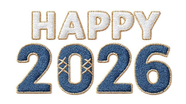 Embroidered  Happy 2026  text in white and blue denim with gold trim conveying a festive vintage and congratulatory message for the upcoming year