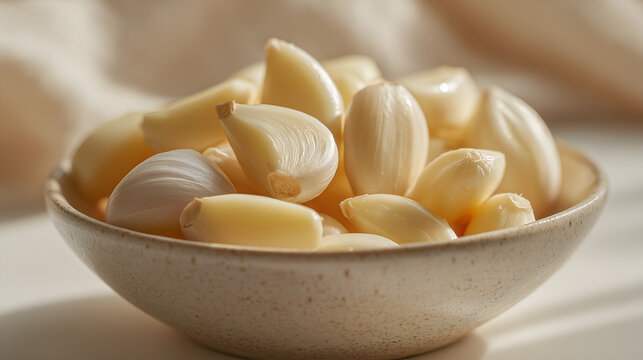 Peeled garlic cloves neatly arranged on a table, ready for cooking or preservation, highlighting home prep, sustainable living, and eco-friendly kitchen.