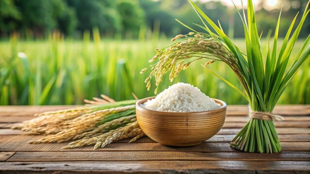 A wooden bowl brimming with uncooked rice grains, set against a backdrop of lush, verdant rice plants, evokes the essence of agricultural bounty and the simple pleasures of nature's harvest.