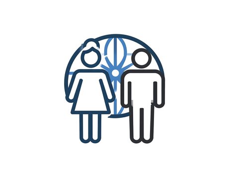 Stylized icons of a man and a woman standing side-by-side with a globe in the background in a dark and light blue palette