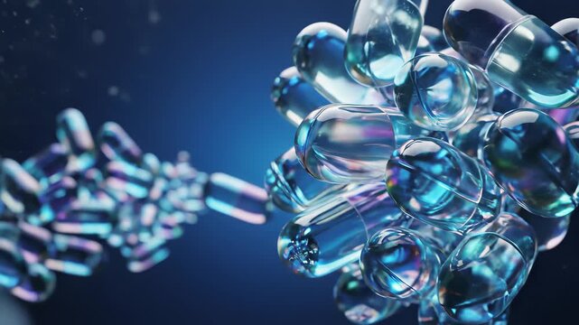 Floating capsules suspended in mid air, showcasing precision and control amidst a serene blue backdrop, perfect for representing themes of healthcare, technology, or precision engineering.