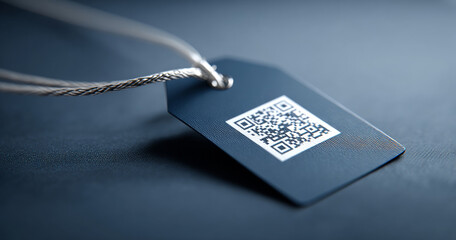 Close-up of a black textured price tag with a QR code attached to a twisted silver string on a dark fabric surface