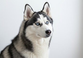 Fototapeta premium Husky Dog with Blue Eyes Sitting Against Light Gray Background
