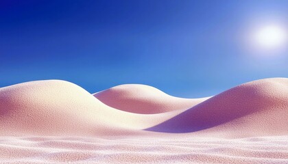 Rolling sand dunes in a desert landscape under a clear blue sky with a bright sun.