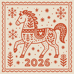 Decorative Horse Illustration (ornamental folk-style horse, symbol of 2026)