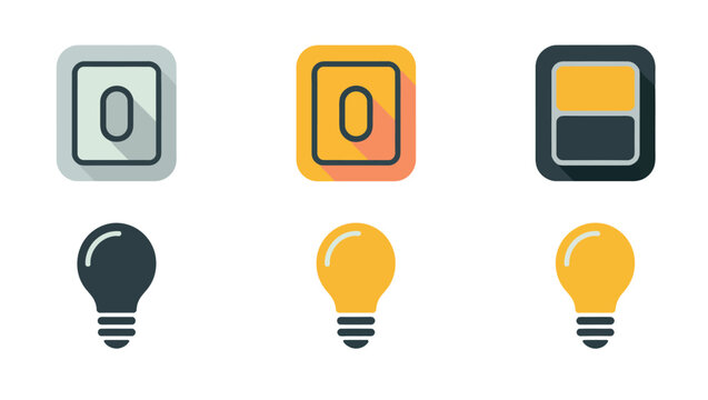 A set of flat design icons representing light switches and light bulbs, symbolizing illumination and electrical power.