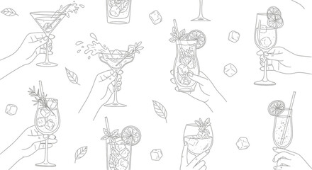 Naklejka premium Hand-drawn vector set of wine glasses and bottles with cocktail, beer, and martini icons for bar and restaurant design