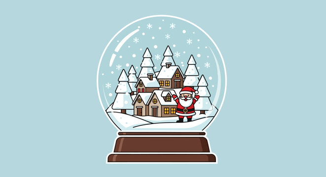 Cute cartoon snow globe with santa, house, and snowy pine tree