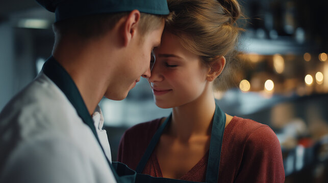 Young couple sharing moment of connection in cozy culinary setting faceless pair defocused kitchen background love affection scene domestic intimacy visualization relationship - Powered by Adobe