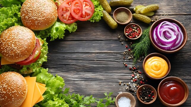 A top down view of raw burger ingredients like buns lettuce tomatoes pickles and onions alongside various spices and sauces laid out on a weathered wooden surface for a homemade meal - Powered by Adobe