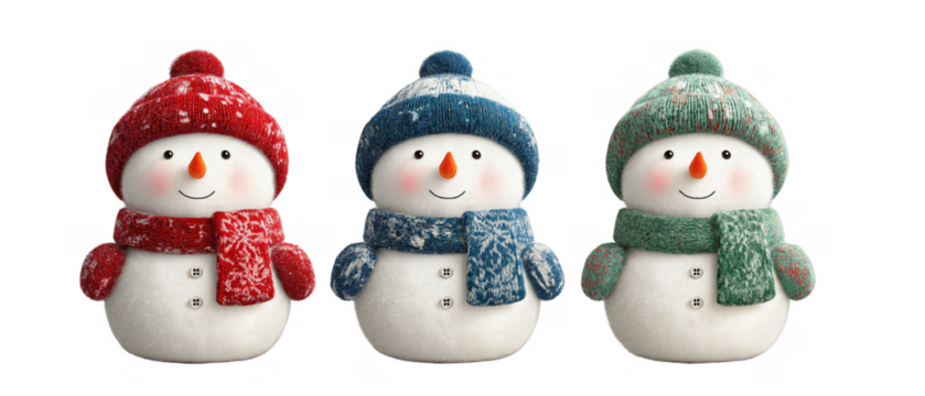 Three cheerful snowmen wearing winter hats and scarves, AI, PNG