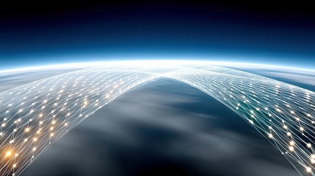 Abstract digital network of glowing lights superimposed over the Earth's atmosphere at twilight, suggesting global connectivity and technology.