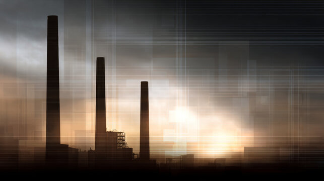 Silhouetted industrial factory chimneys against a moody sunset sky with abstract digital grid overlay effect - Powered by Adobe