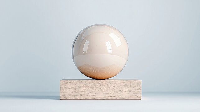 A smooth, light-colored sphere rests on a rectangular wooden block, set against a minimalist, pale blue backdrop. Soft, diffused lighting creates a clean and se