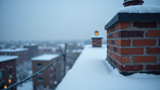 Snowy rooftop with brick chimney, winter scene, soft snowfall, urban landscape, cozy atmosphere, cold weather