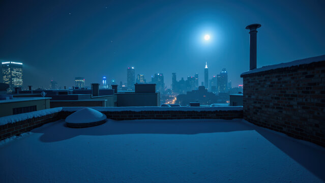 Serene night view of city skyline covered snow, illuminated by bright full moon. rooftops are blanketed white, creating peaceful winter atmosphere