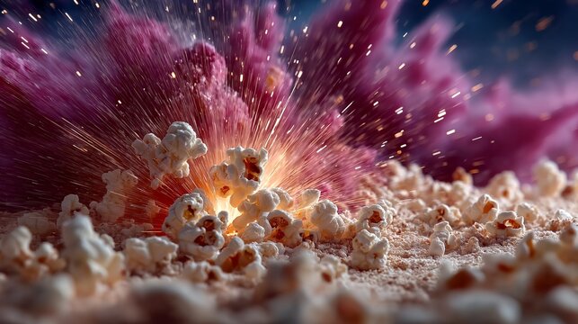 Popcorn ignition with granular debris emphasizes snack, food, explosion, grain, particle impact, and energetic product action. Bright core detail supports cinematic food visuals, FMCG marketing