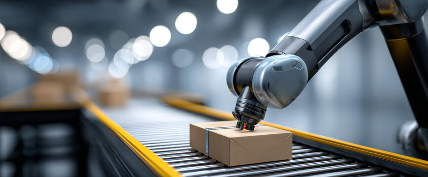 Automated robotic arm handling cardboard package on conveyor belt in modern industrial warehouse with blurred background