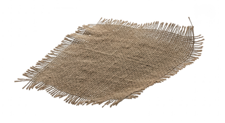 Coarse textured burlap fabric swatch with frayed edges isolated on clean white