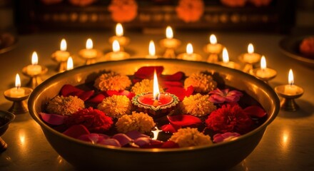 Diwali celebration with oil lamps and flower offering