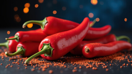 Fresh red chili peppers arranged on dark surface with chili powder scattered around, creating vibrant and spicy atmosphere
