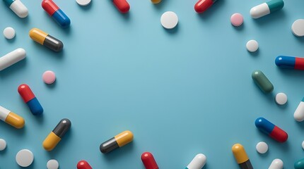 Medicine pill pops in bold, eye-catching colors, including yellow, blue, pink, red, white, and metallic green, create a dynamic, visually striking composition.