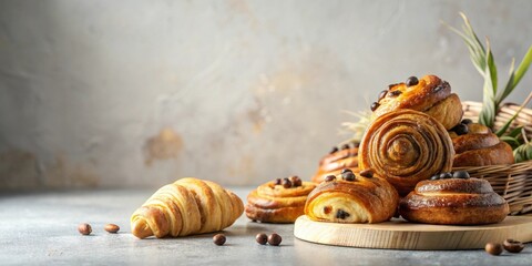 A delectable arrangement of freshly baked sweet rolls and a croissant, artfully displayed on a rustic wooden board
