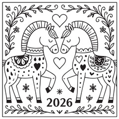 Decorative Horse Illustration (ornamental folk-style horse, symbol of 2026)