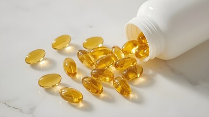 Fish oil capsule supplements lie on a table. The clean, bright background emphasizes freshness, clarity, and wellness, making the scene ideal for health-product marketing.
