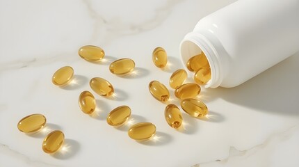 Supplement plastic bottle with capsules around it. The capsules have a glossy finish that reflects the light beautifully, highlighting their purity and high-quality formulation.