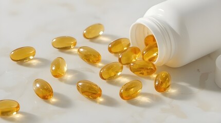Several golden, translucent softgel capsules scattered across a smooth marble-like surface. The capsules have a glossy finish that reflects the light beautifully, highlighting their purity.