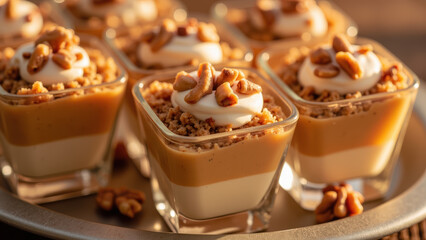 Delicious dessert cups with creamy layers, topped with whipped cream and crunchy nuts, perfect for any occasion