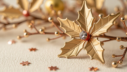 Golden leaf decoration holiday ornament sparkling gem festive background seasonal decor elegant design Christmas theme shiny embellishment