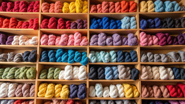 Colorful yarn displayed on wooden shelves creates vibrant and inviting atmosphere for crafting enthusiasts