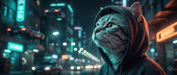 Anthropomorphic Cat Wearing a Hoodie in a Neon- Lit Cyberpunk City image photo