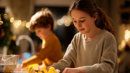 Authentic family scene showing teenage sibling cleaning toys faceless brother defocused cozy home background everyday life moment natural lighting lifestyle household