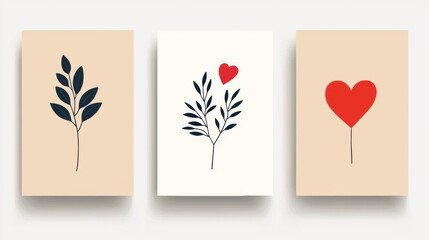 Minimalist botanical card set with heart, romantic floral illustration, love theme, modern design, beige and white background