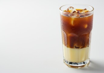 Iced Coffee Drink with Cream and Ice in Tall Glass on White Background