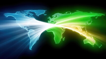 A stylized, glowing world map with light rays emanating from the center, connecting continents with blue and green light against a dark background.